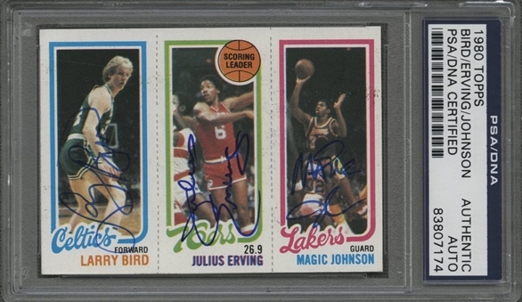 1980-81 Topps Larry Bird, Julius Erving and Magic Johnson Rookie Card – Signed by All Three Hall of Famers! (PSA/DNA)